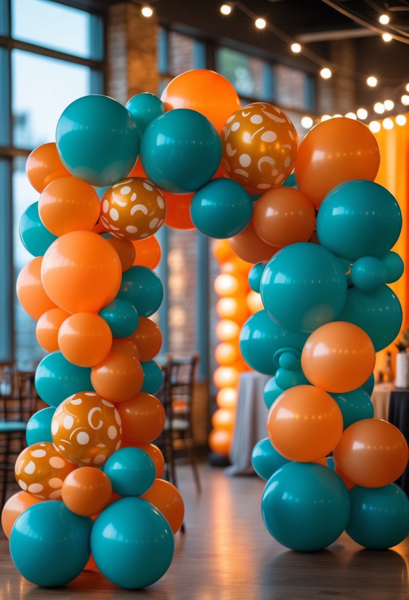 A colorful balloon arch made of orange and teal balloons set up indoors for a festive party.