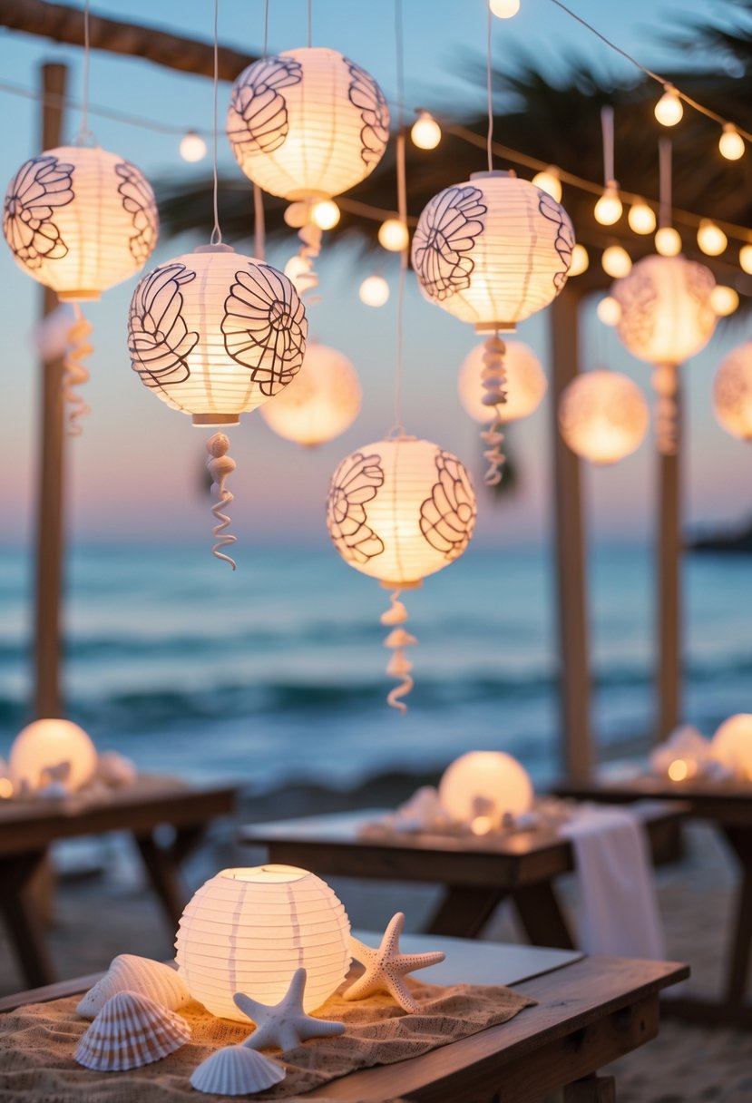 Paper lanterns decorated with seashell patterns hanging outdoors near beach-themed decorations and soft string lights.