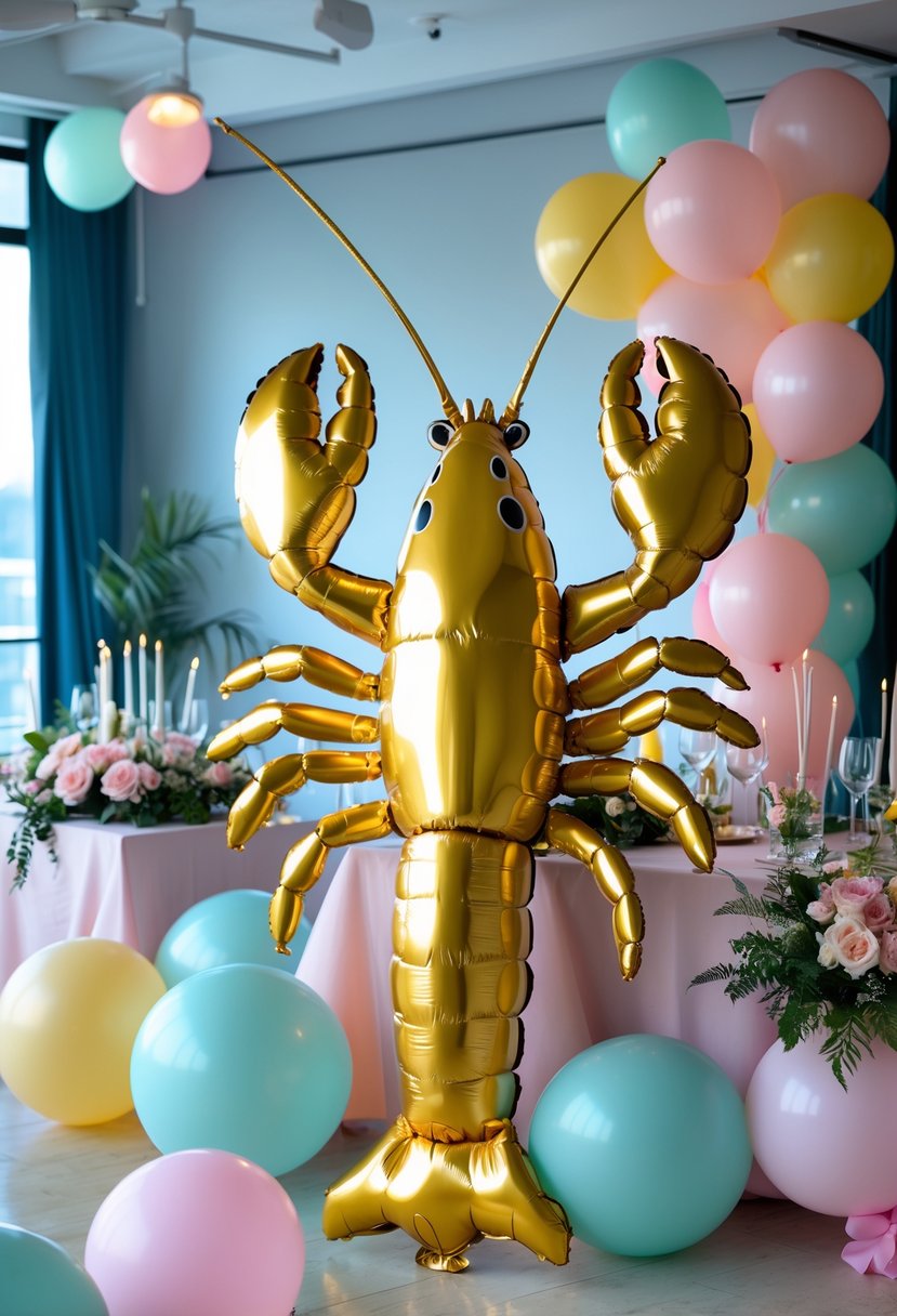 A bachelorette party setup with a large gold lobster-shaped balloon surrounded by pastel balloons and floral decorations.