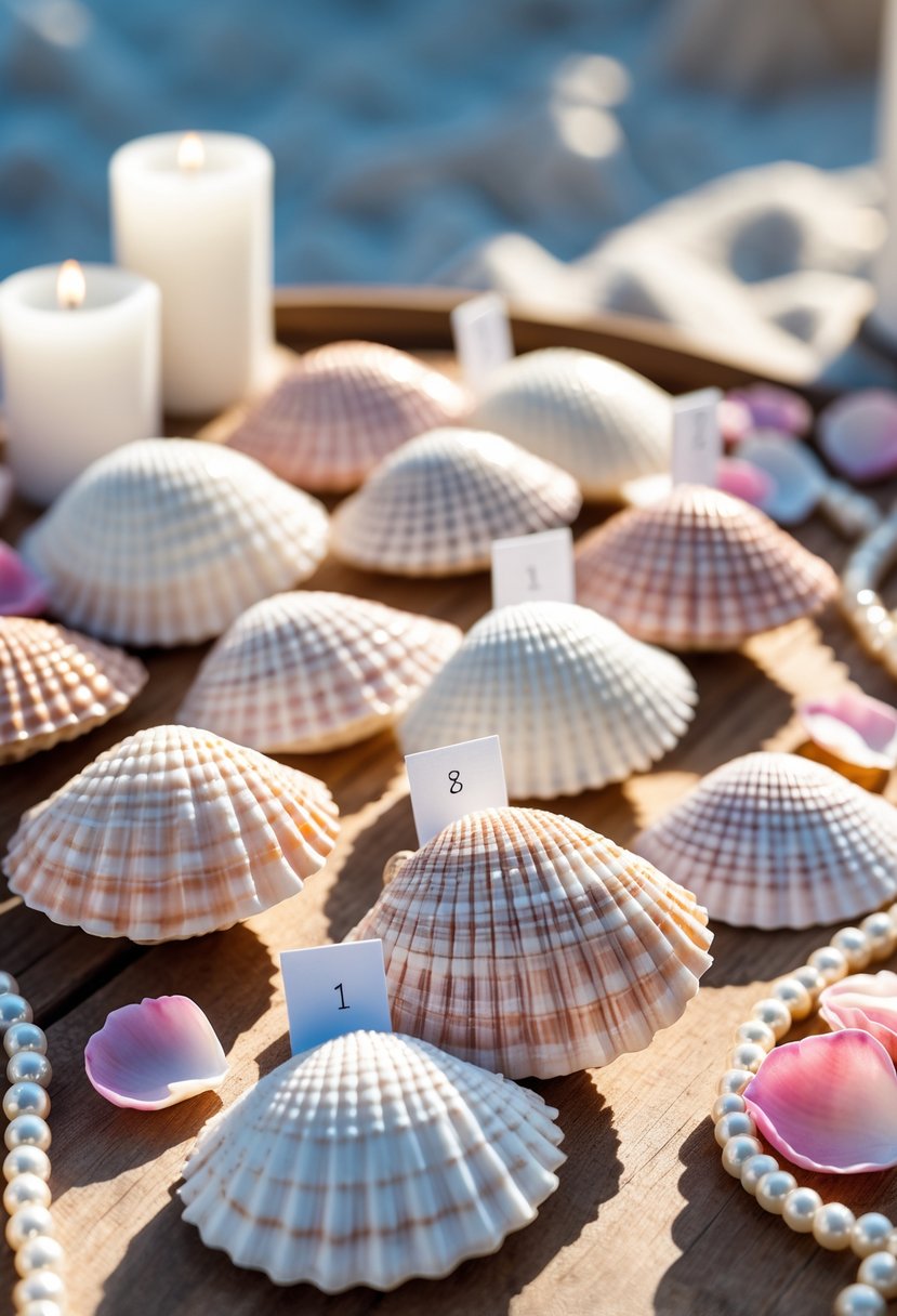 A collection of seashell place card holders arranged on a wooden table with soft pink rose petals and small candles around them.