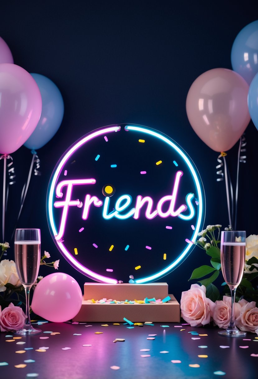 A glowing neon sign inspired by the Friends logo surrounded by bachelorette party decorations including balloons, confetti, and champagne glasses.