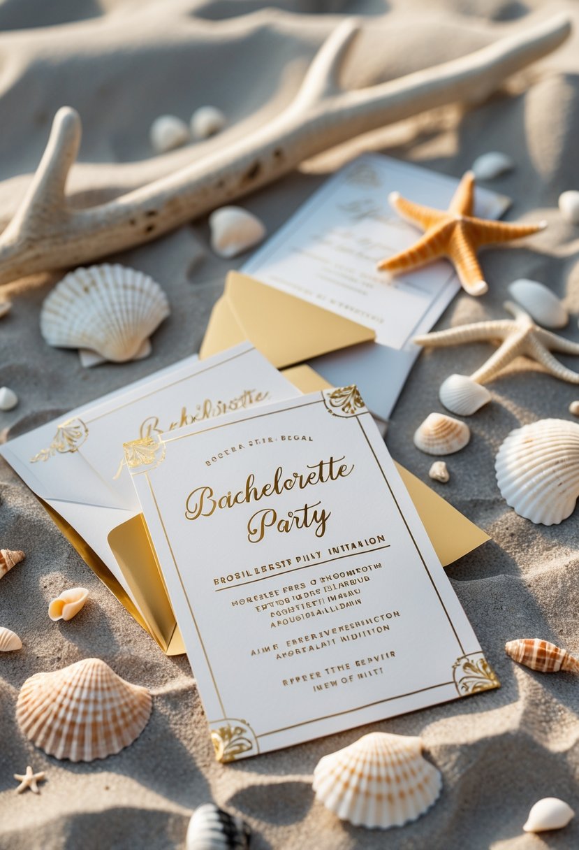 An arrangement of sand and seashell-themed invitations with gold foil accents surrounded by seashells and beach decorations on a sandy surface.