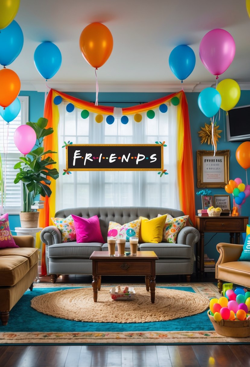 A decorated living room set up for a Friends-themed bachelorette party with colorful balloons, streamers, and themed props inspired by the show, including a creative banner referencing the 'Pivot!' scene.