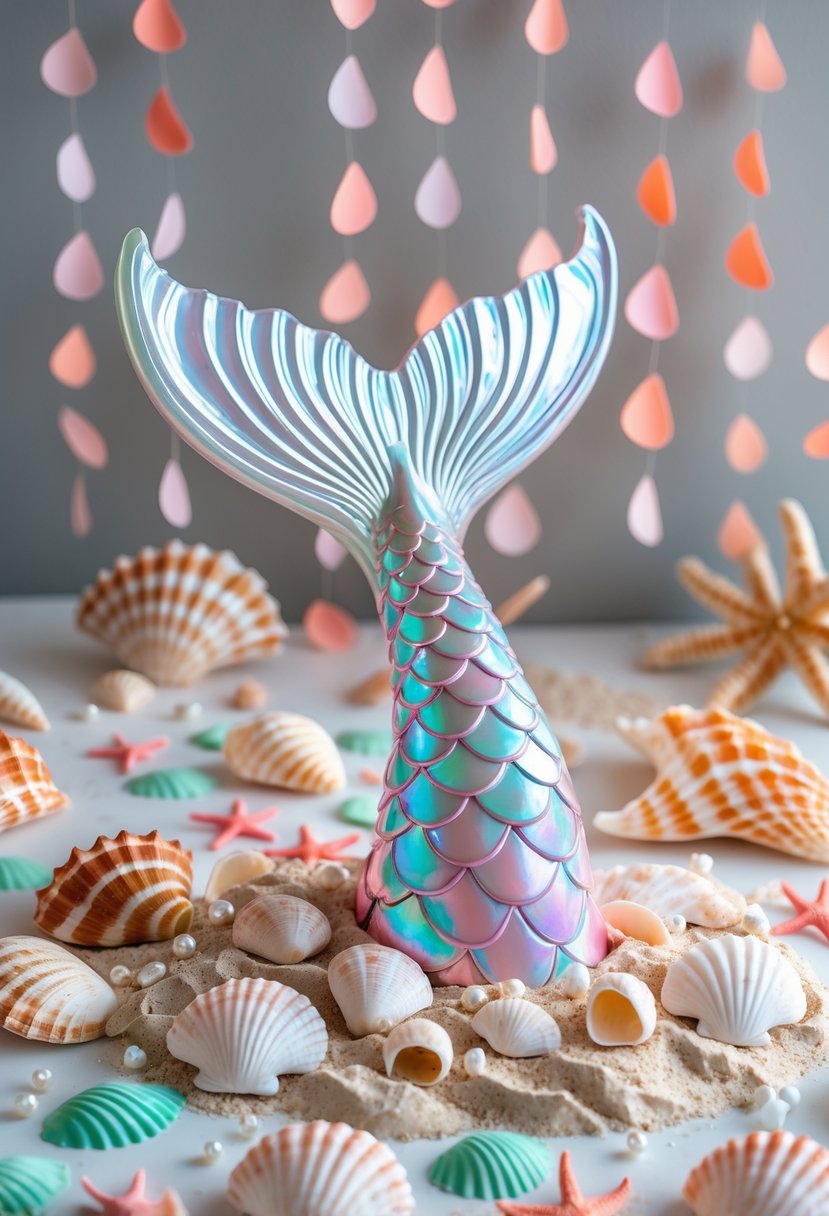 A festive arrangement featuring a mermaid tail centerpiece surrounded by seashell-shaped confetti and beach-themed decorations on a white surface.