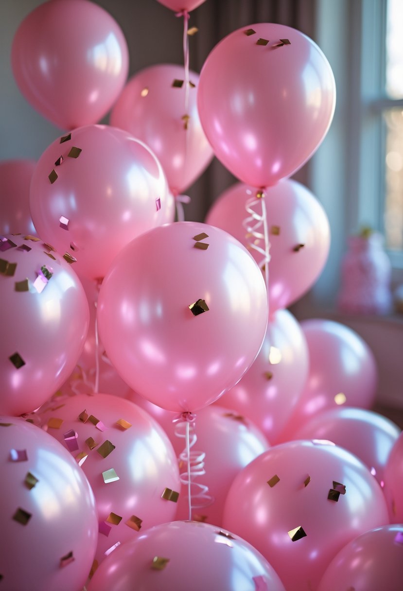 Pink satin balloons with metallic confetti scattered around them on a soft background.