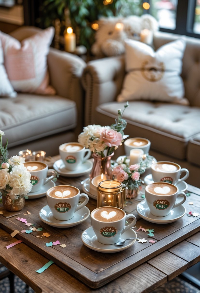A cozy coffee table with multiple coffee cups and floral decorations arranged as a centerpiece in a warm cafe setting.