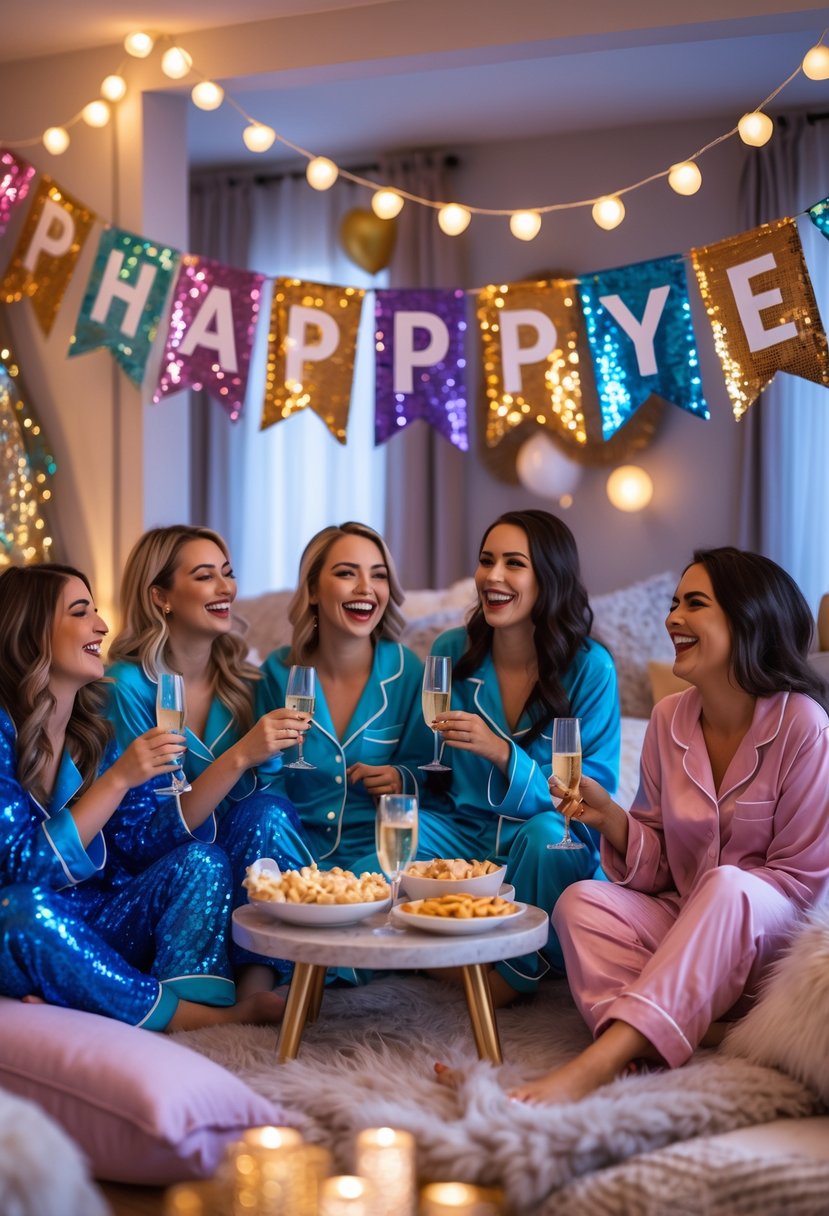 A group of women in pajamas celebrating a sleepover bachelorette party with sequined banners and cozy decorations indoors.