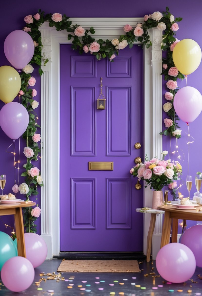 A purple apartment door decorated with balloons, flowers, and party decorations for a bachelorette celebration.