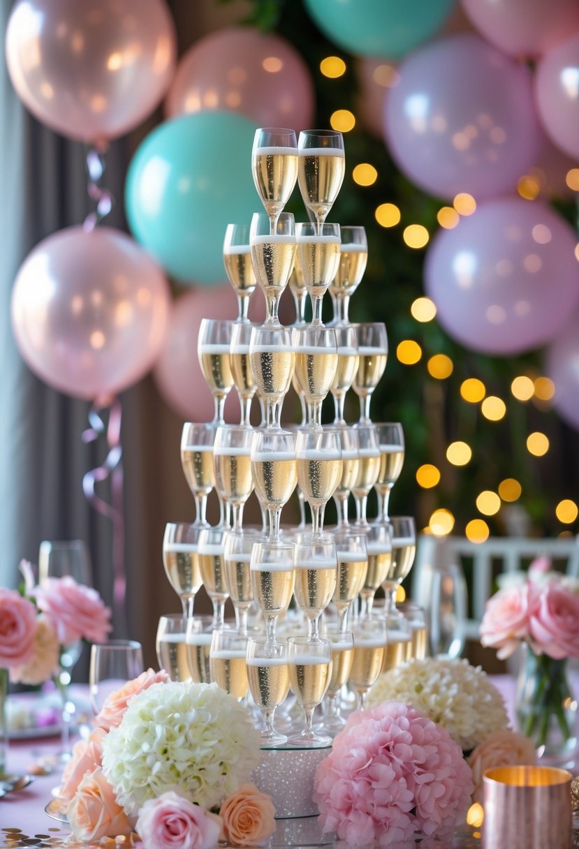 A champagne tower centerpiece on a decorated table surrounded by balloons, flowers, and party decorations.