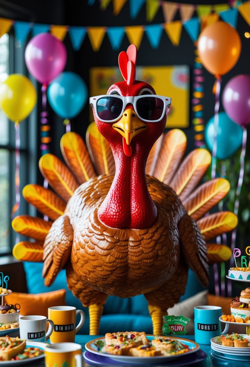 A large turkey prop wearing sunglasses surrounded by colorful bachelorette party decorations indoors.