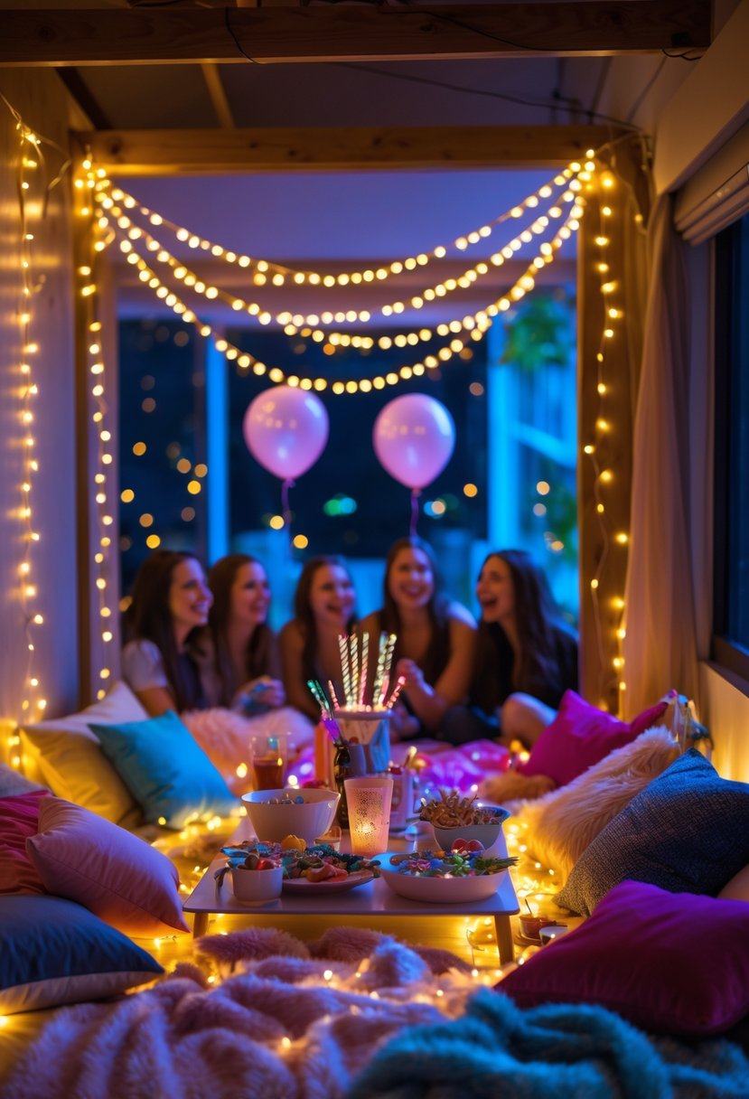 A cozy room decorated with glowing LED fairy lights, colorful pillows, and party decorations for a sleepover bachelorette celebration.