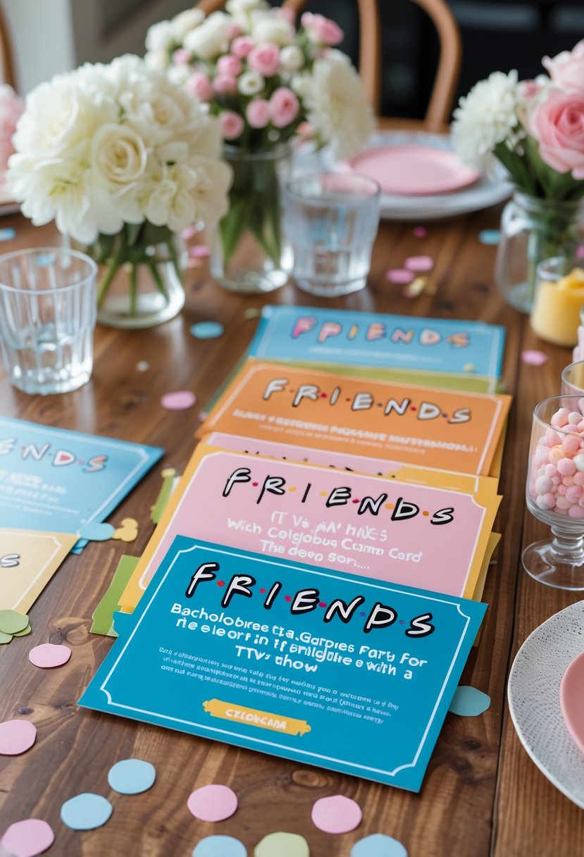 Close-up of a wooden table decorated with colorful trivia game cards and floral arrangements for a bachelorette party.
