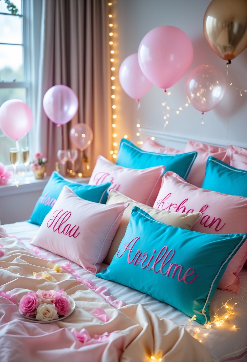 A cozy bed with personalized sleepover pillowcases surrounded by soft fairy lights and bachelorette party decorations including balloons and flower petals.