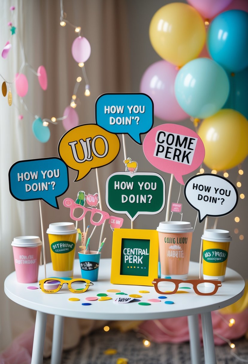 A table with Friends-themed photo booth props and bachelorette party decorations arranged for a celebration.
