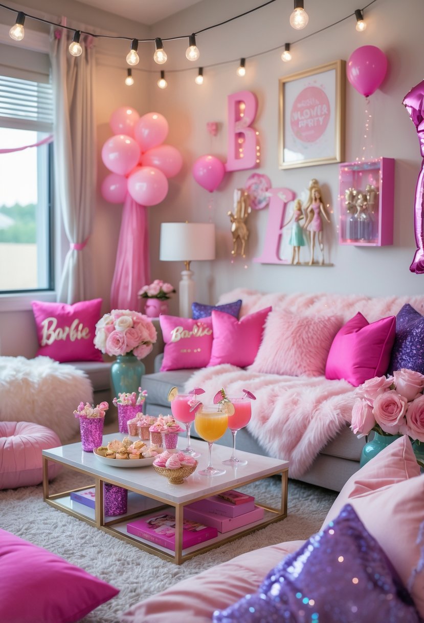 A cozy indoor sleepover party setup with pink cushions, string lights, snacks, drinks, and Barbie-themed decorations.