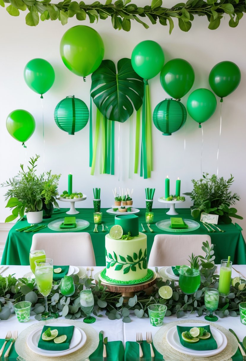 A decorated bachelorette party scene with various green decorations including balloons, foliage, table settings, candles, and party favors arranged in a bright room.