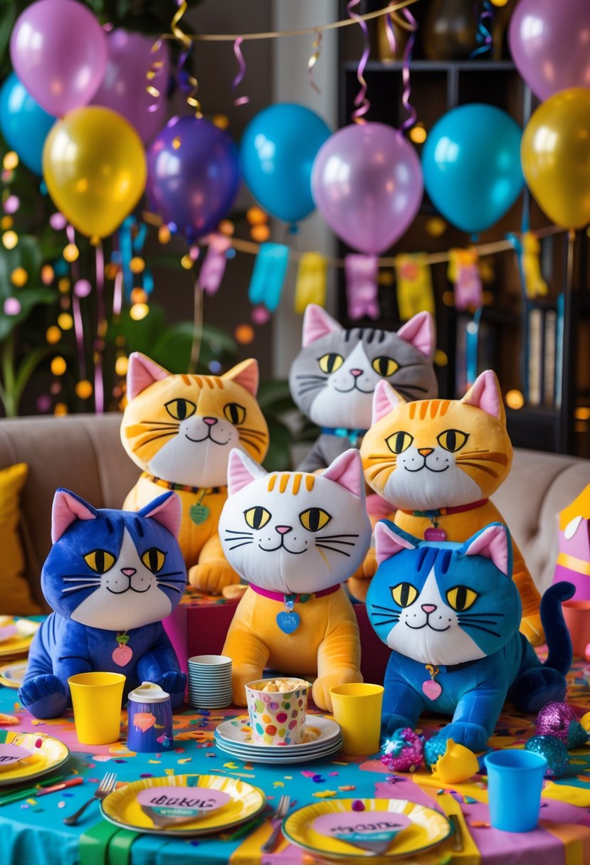 A festive bachelorette party setup featuring plush toys of Smelly Cat surrounded by colorful decorations on a decorated table indoors.