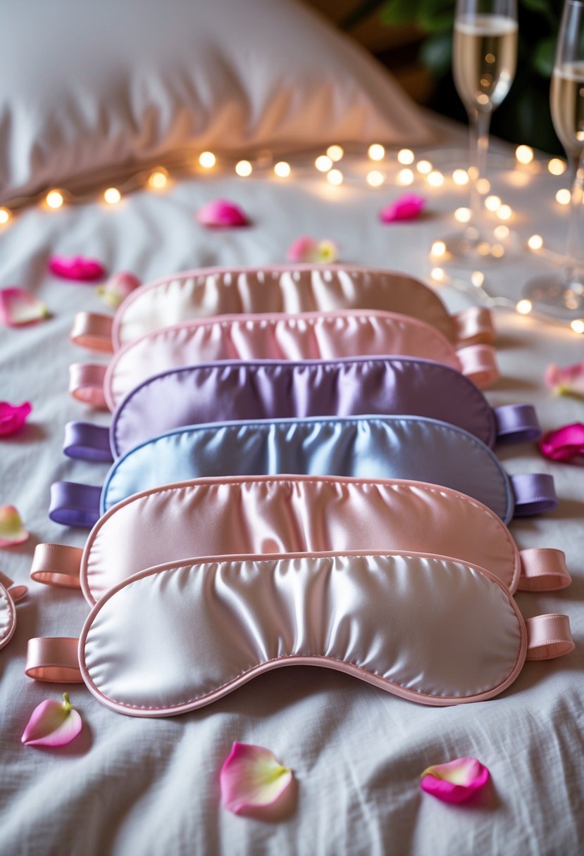 A set of matching satin sleep masks arranged on a bed with rose petals and soft string lights in the background.