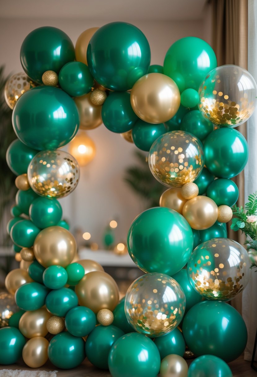 Emerald green and gold balloon garland arranged indoors for a festive party celebration.