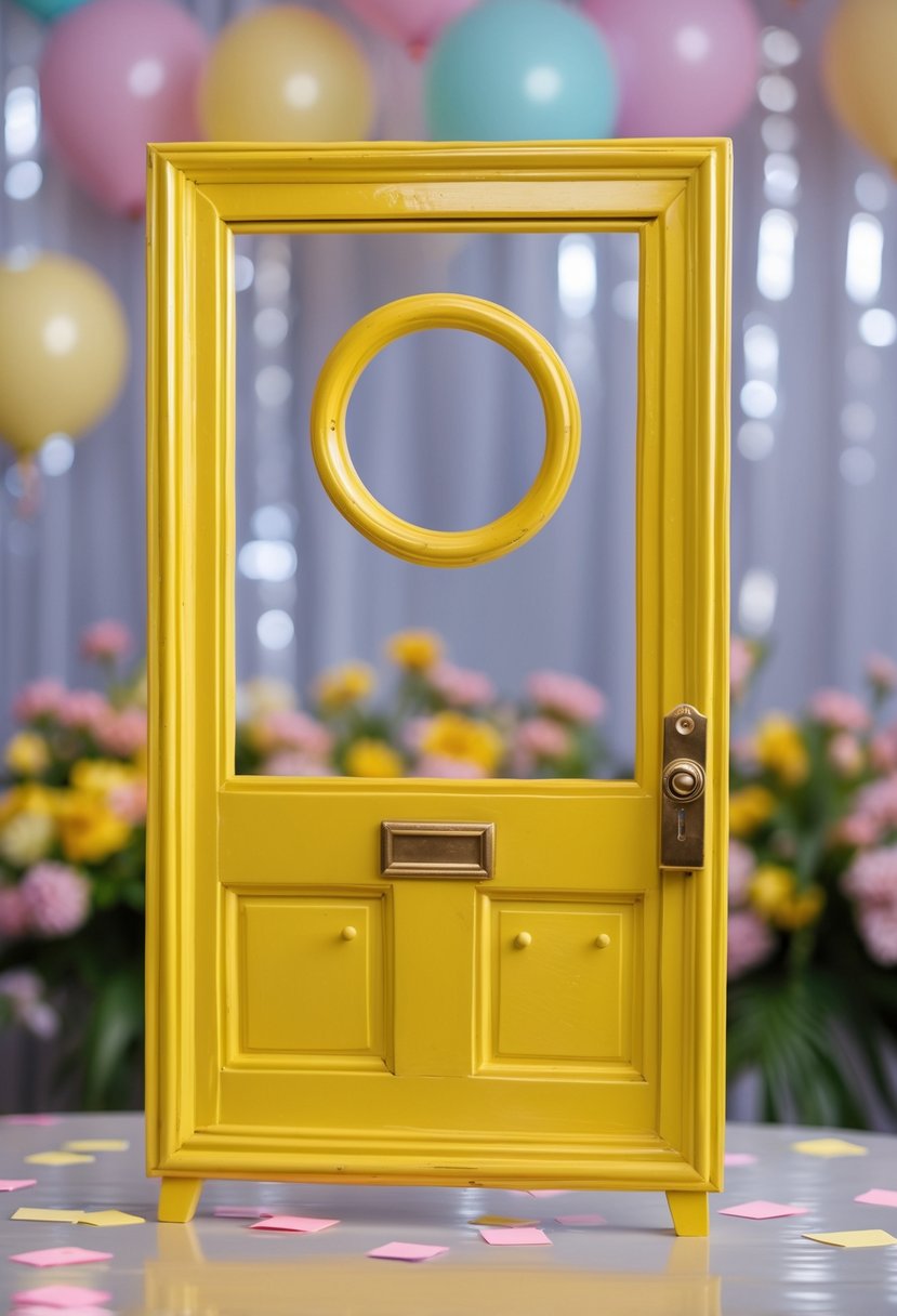 A bright yellow photo booth frame styled like a door with a peephole, door knocker, and mail slot, set against a softly decorated party background.