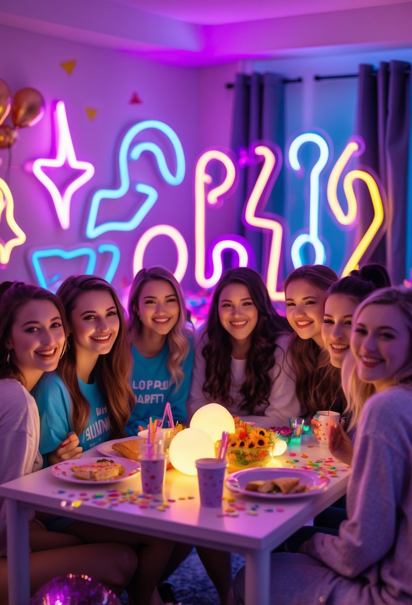 A group of young women enjoying a bachelorette party indoors with colorful neon signs and festive decorations around them.