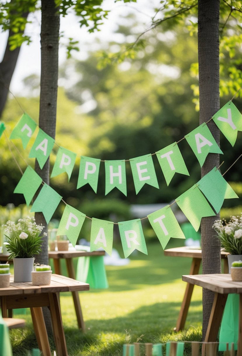 Outdoor bachelorette party scene with green recycled paper banners hanging among trees and eco-friendly decorations on wooden tables.