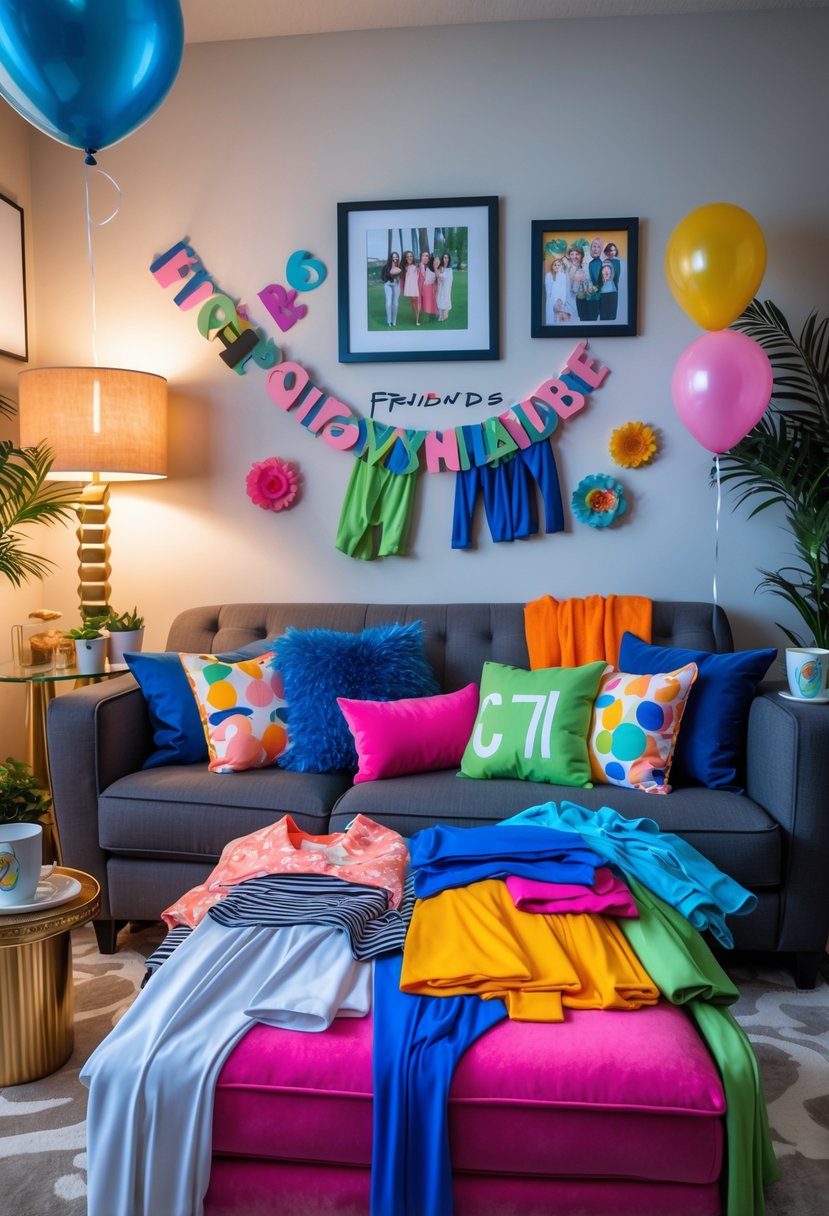 A living room set up for a bachelorette party with colorful clothes arranged on a sofa and themed decorations inspired by a popular TV show.