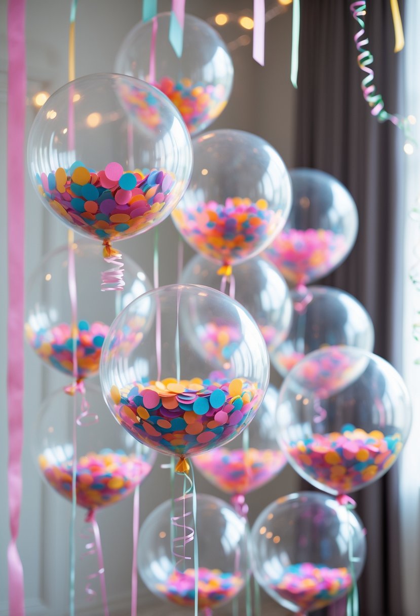 Clear balloons filled with colorful confetti floating indoors as part of a bachelorette party decoration.