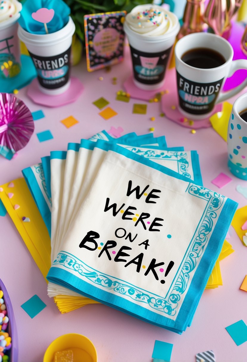 A festive bachelorette party table with customized napkins and Friends-themed decorations arranged neatly.