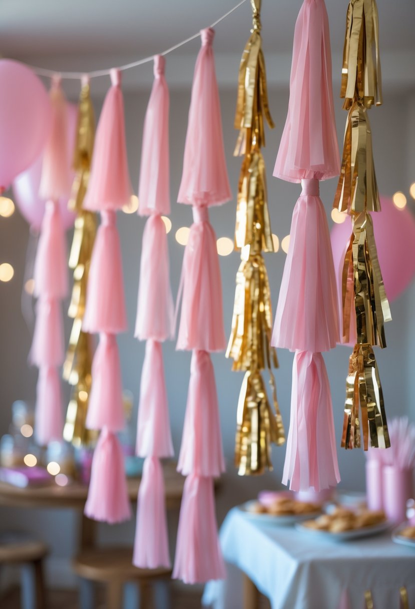 Pink and gold tassel garlands hanging as party decorations with soft lighting and blurred party elements in the background.