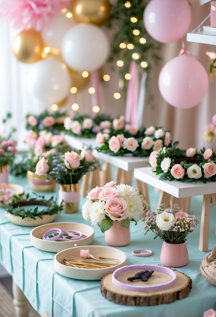 A table set up with fresh flowers, floral supplies, and partially made floral crowns for a bachelorette party activity.