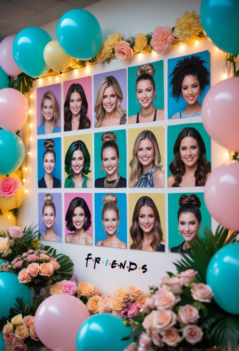 A decorated photo wall featuring multiple pictures of different hairstyles with balloons and flowers around it.