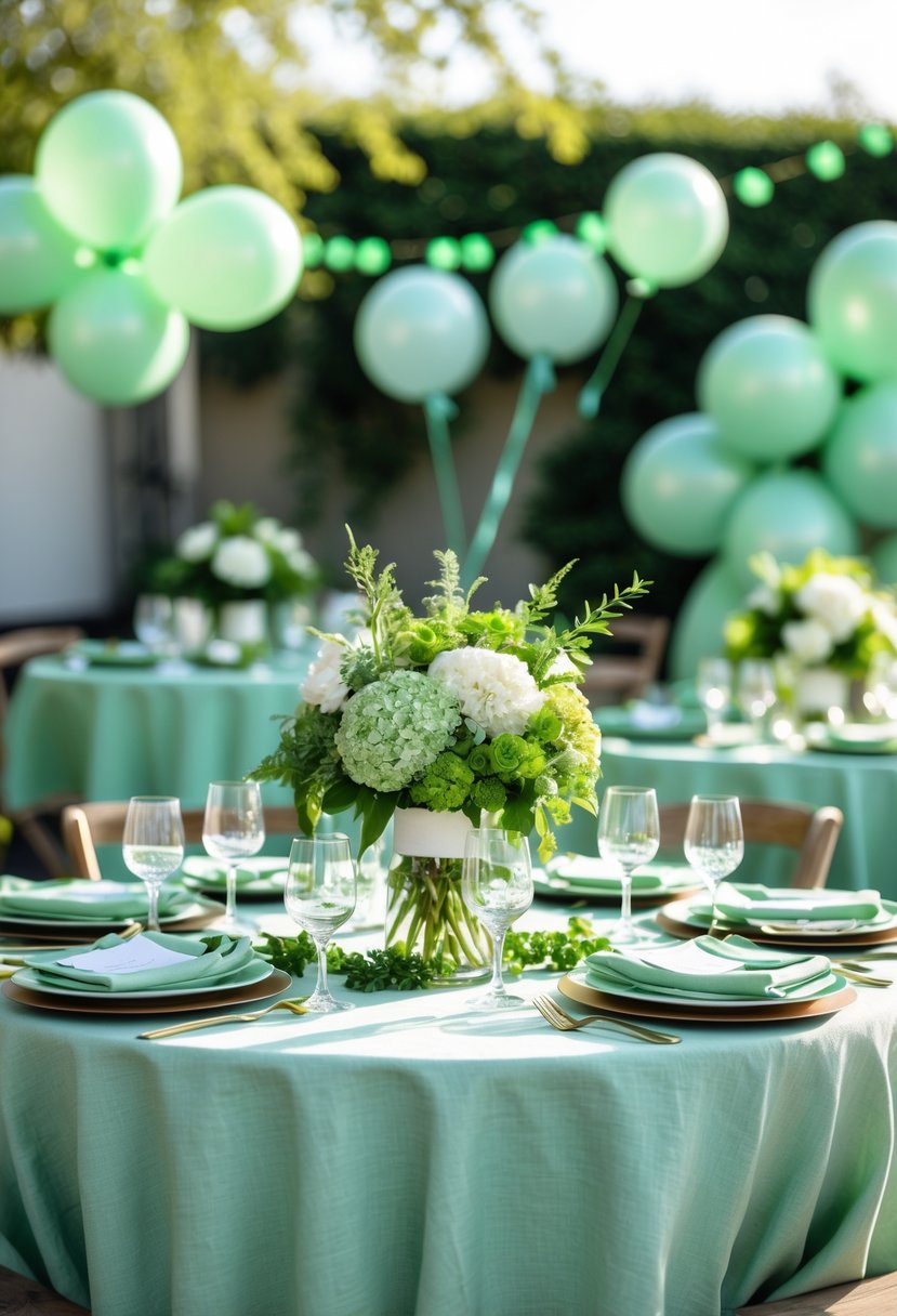 An outdoor table set for a bachelorette party with mint green linen tablecloths, green and white flowers, glassware, and matching green decorations.