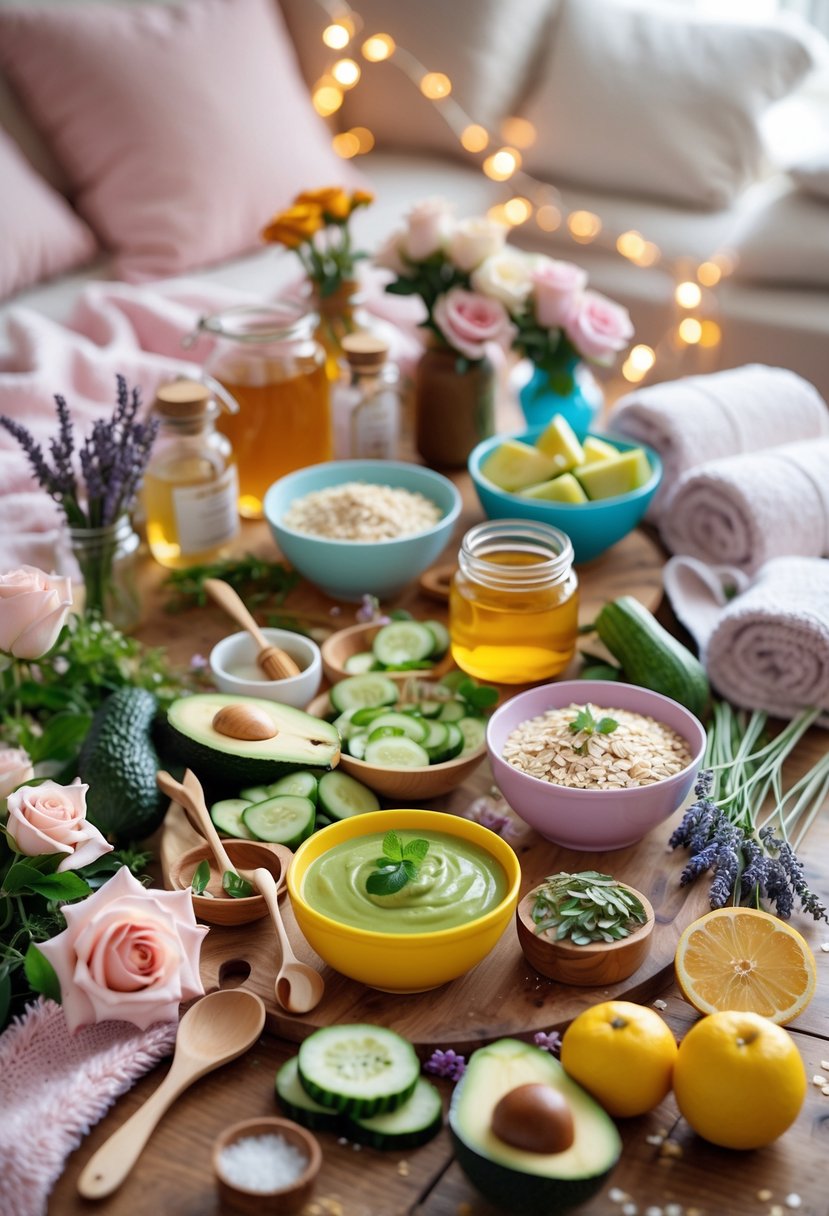 A table with natural ingredients and bowls for making face masks, surrounded by towels and flowers, set up for a sleepover party.