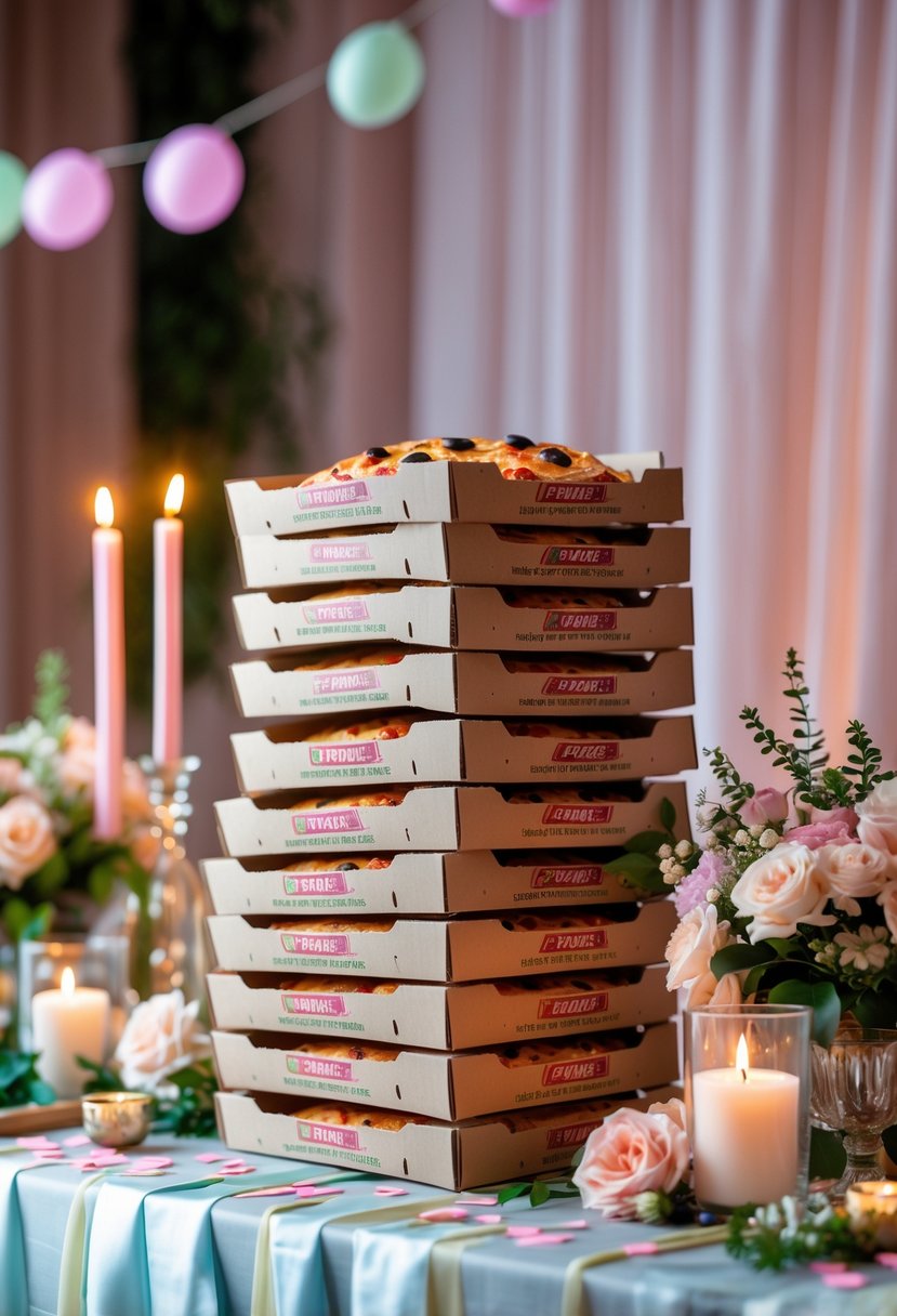 A stack of pizza boxes arranged as a centerpiece on a decorated table with flowers and candles.