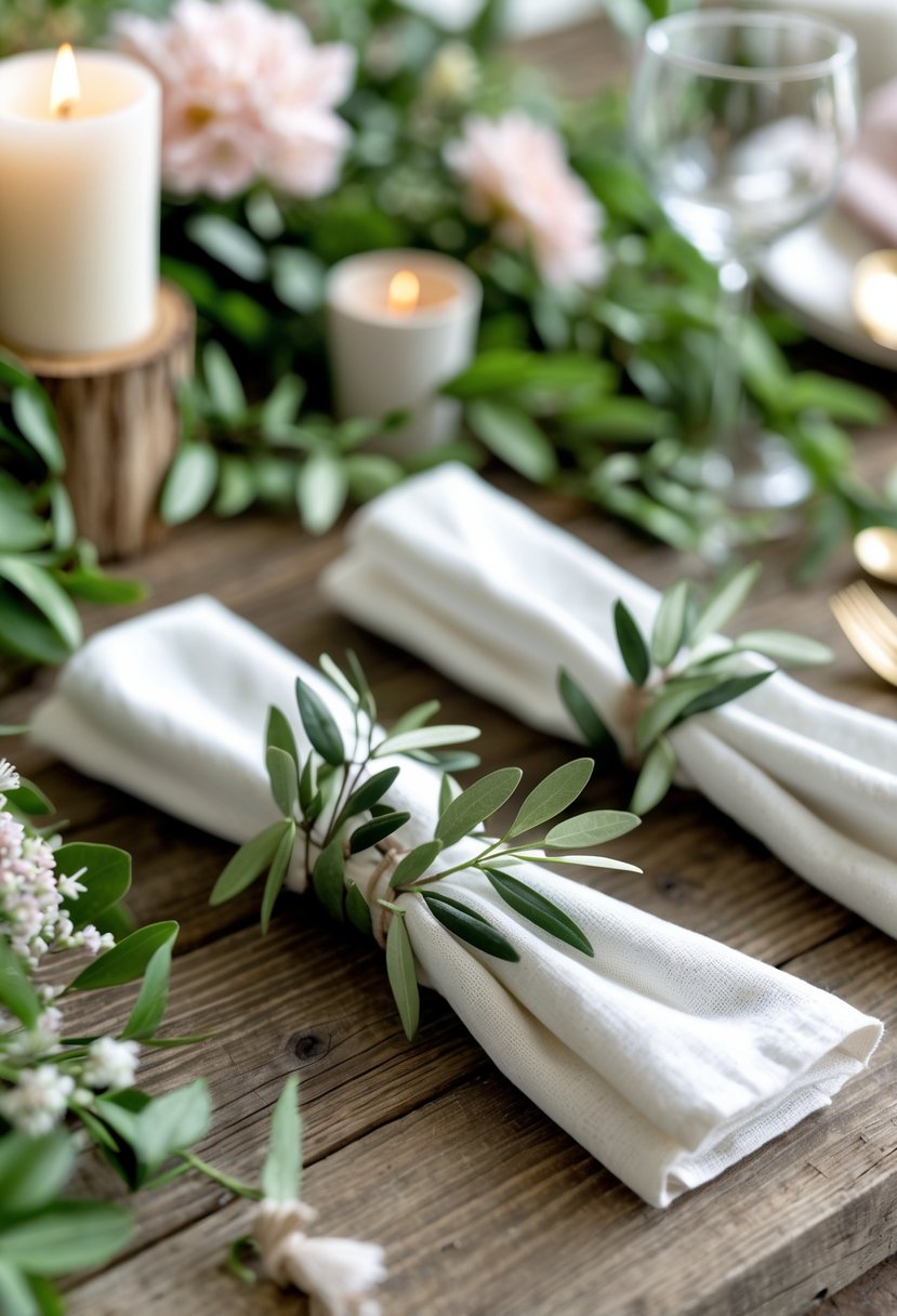 Close-up of olive branch napkin rings on white napkins placed on a wooden table with green foliage and soft pastel party decorations.