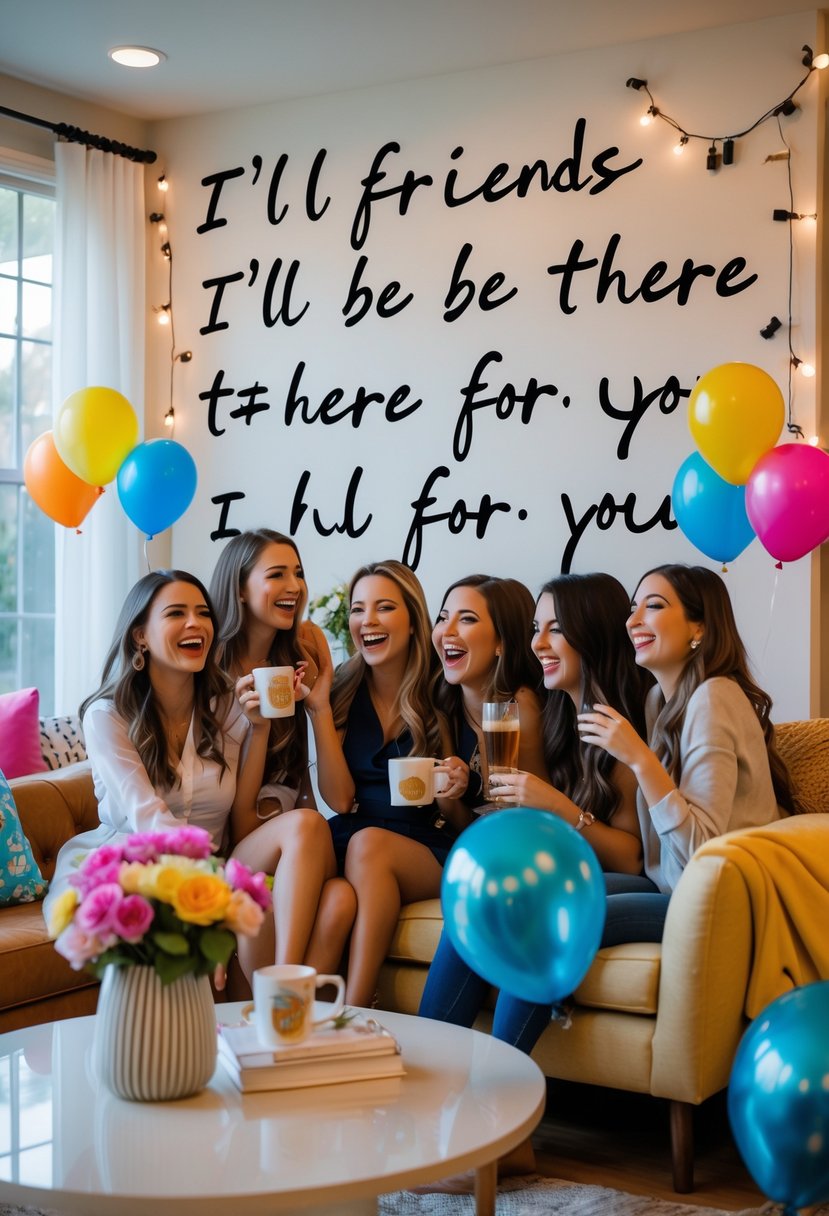 A group of young women celebrating a bachelorette party in a cozy living room decorated with colorful balloons and themed party decor inspired by a popular TV show.