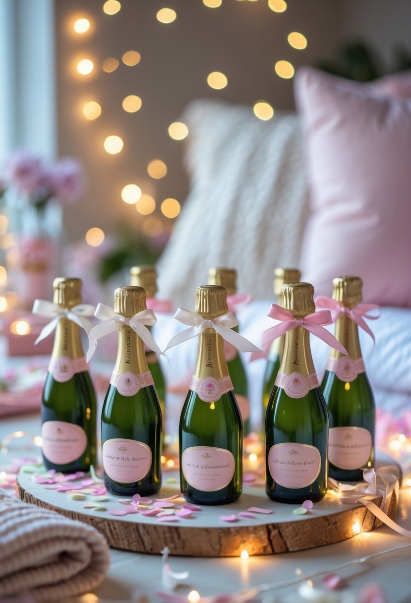 Mini champagne bottle favors arranged on a decorated table with ribbons, confetti, and soft lighting in a cozy room setting.