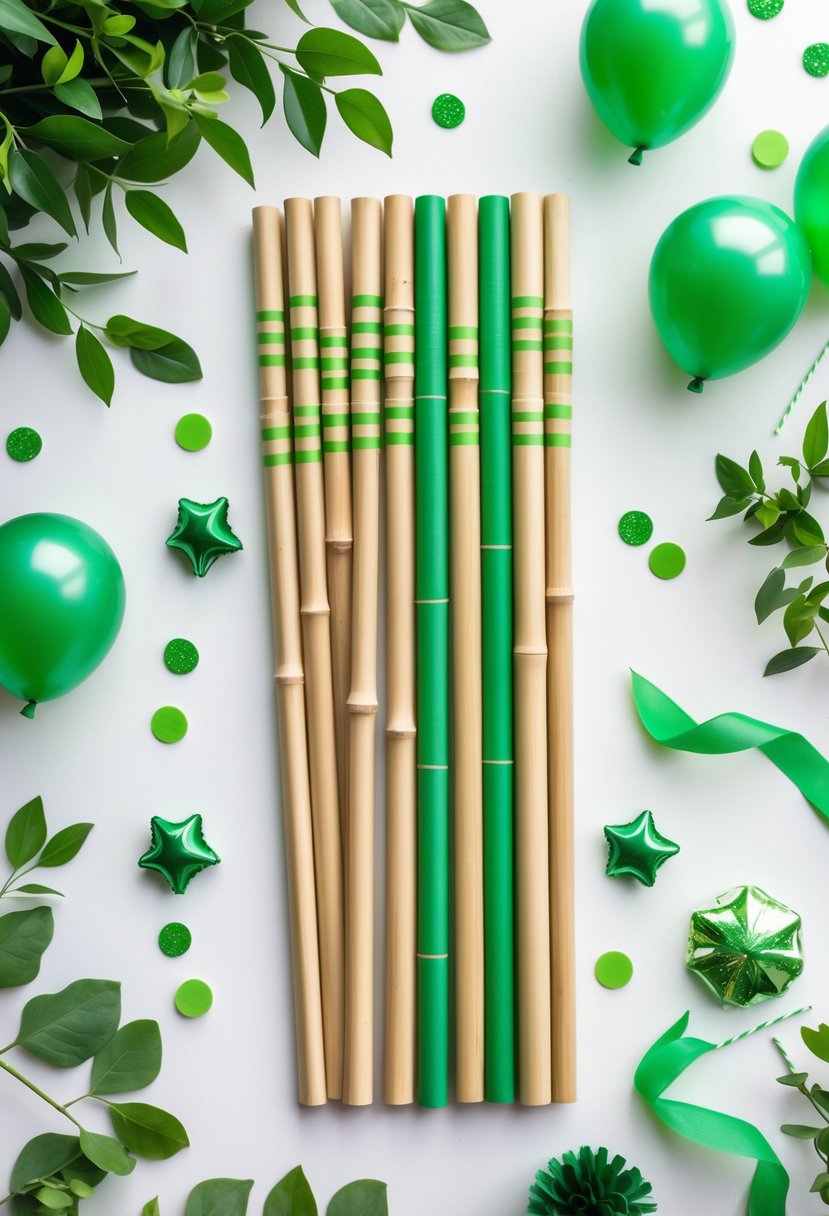 Reusable bamboo straws with green stripes arranged with green bachelorette party decorations on a white surface.