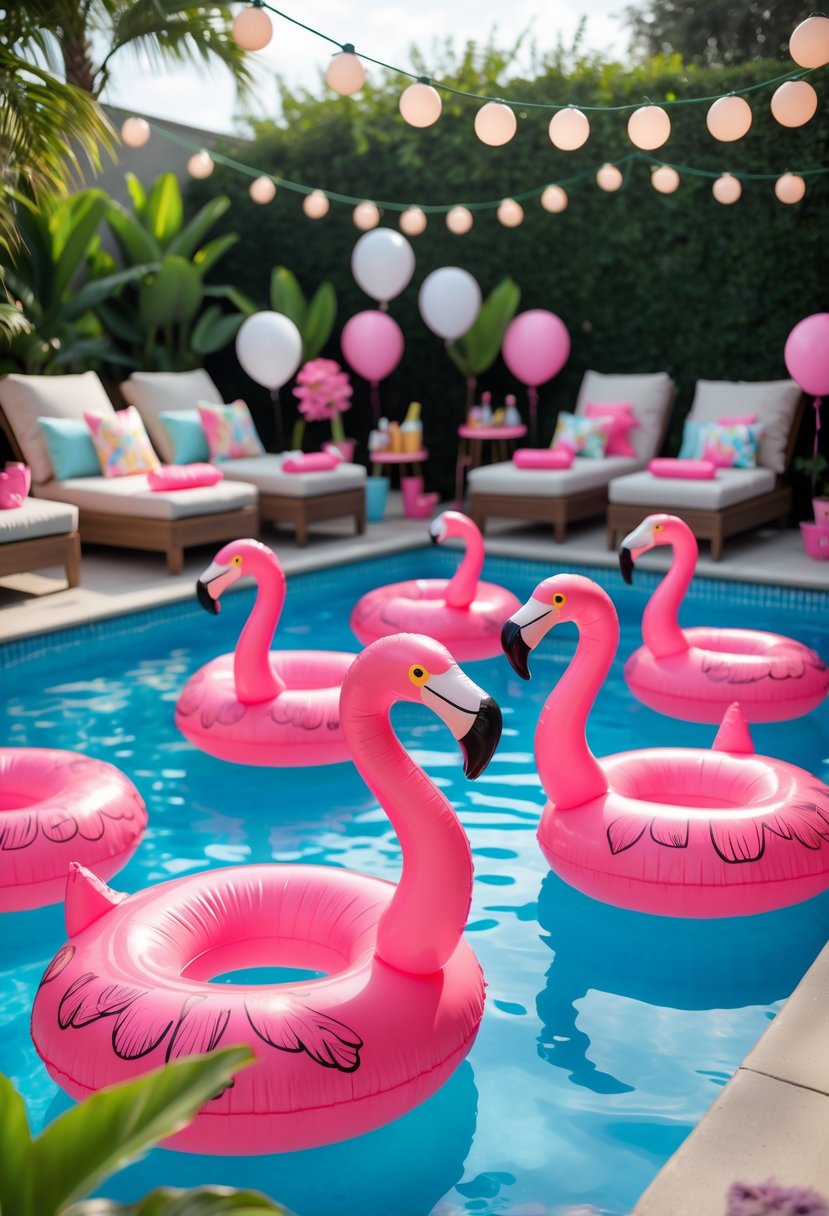 Bright pink inflatable flamingos floating in a pool surrounded by colorful bachelorette party decorations and tropical drinks.