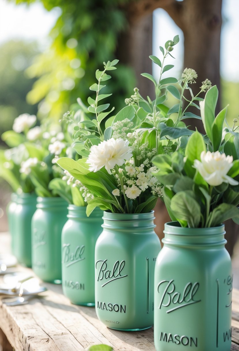 A group of celadon green mason jar vases filled with green leaves and white flowers arranged on a wooden table outdoors.