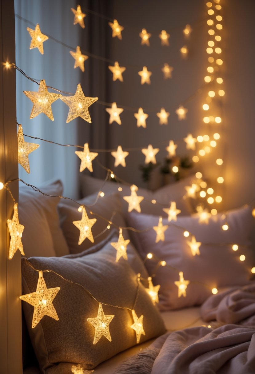 A cozy room decorated with glowing gold star string lights and soft pillows for a sleepover bachelorette party.