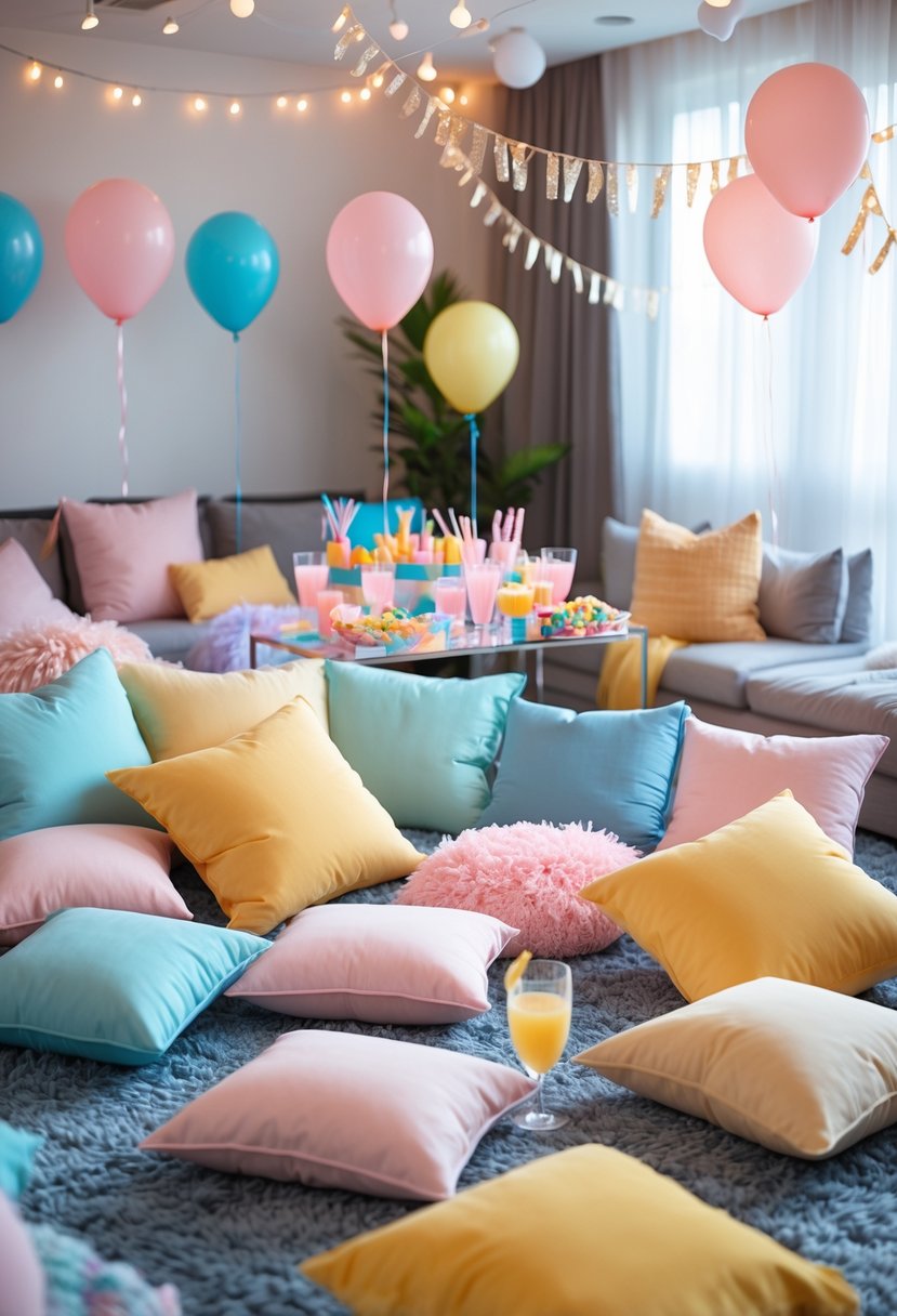 Indoor area with colorful pillows scattered on the floor, balloons, fairy lights, and party decorations set up for a bachelorette sleepover.