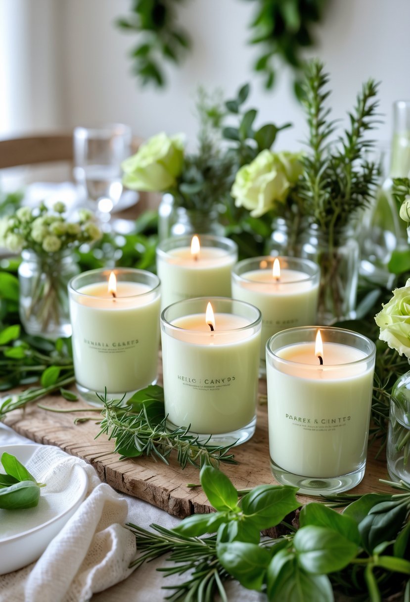 A table with herb-scented soy candles surrounded by green leaves and fresh flowers as part of bachelorette party decorations.