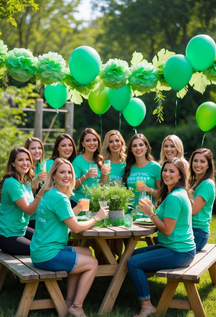 A group of women wearing seafoam green t-shirts celebrating a bachelorette party outdoors with green decorations and greenery in the background.