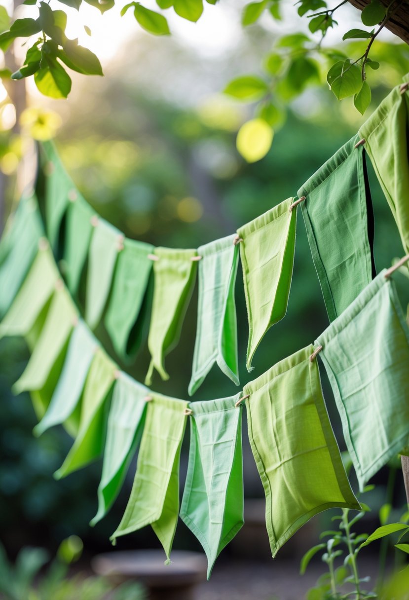 Green fabric bunting hanging outdoors with sunlight and greenery in the background.