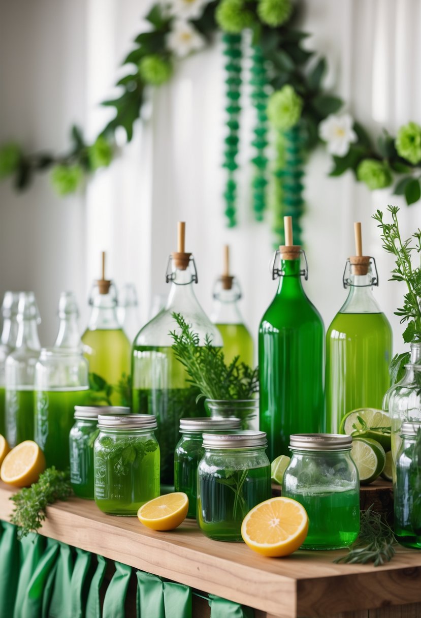 A kombucha bar with green glass bottles and glasses arranged on a wooden counter, decorated with fresh herbs and citrus slices.