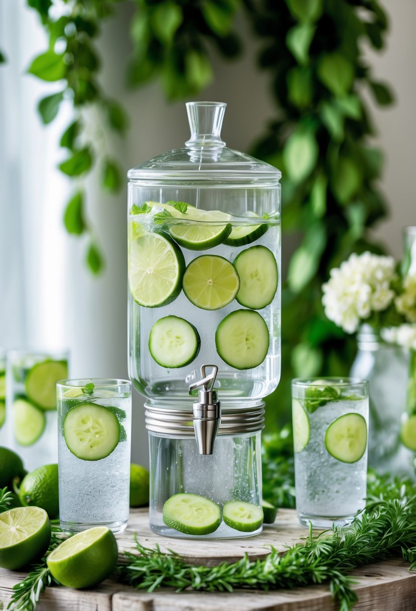 A water station with a glass dispenser filled with lime and cucumber infused water, surrounded by glasses and green decorative elements.