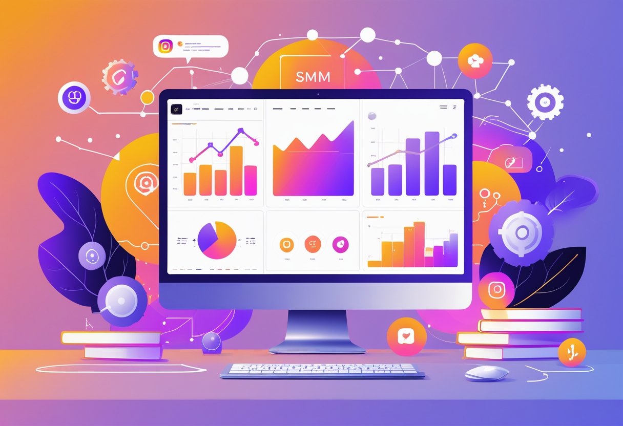 A workspace with a computer screen showing graphs, social media icons, and network connections representing Instagram marketing and analytics.