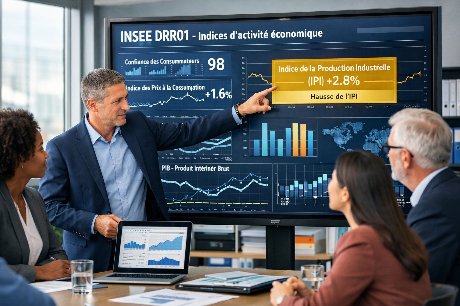 Des professionnels en réunion autour d'un écran affichant des graphiques de données économiques dans un bureau moderne lumineux.
